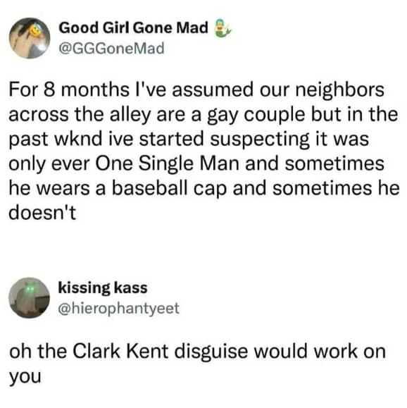 Funny tweet thread discussing mistaking one neighbor in a hat for a gay couple.