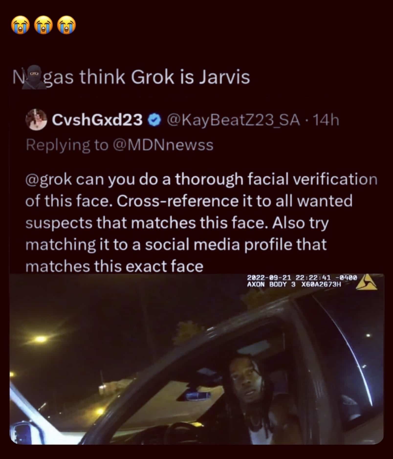 Social media screenshot making fun of a user expecting Grok AI facial recognition features meme.