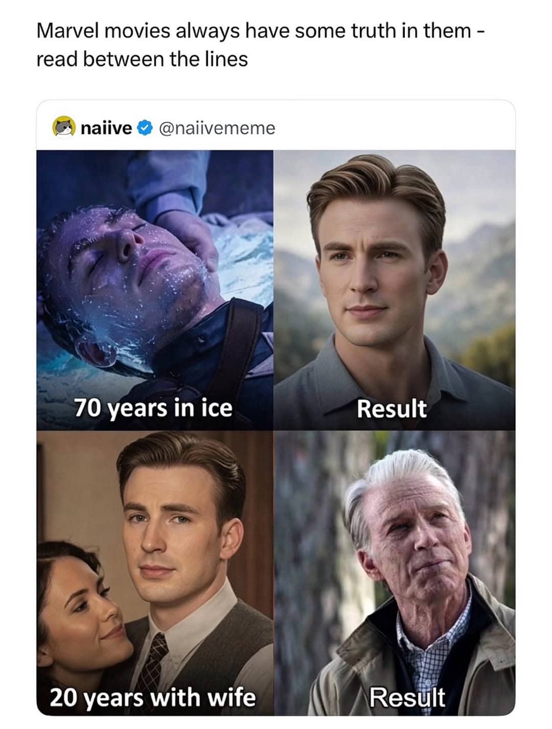 Captain America movie meme comparing 70 years frozen in ice to 20 years of marriage.