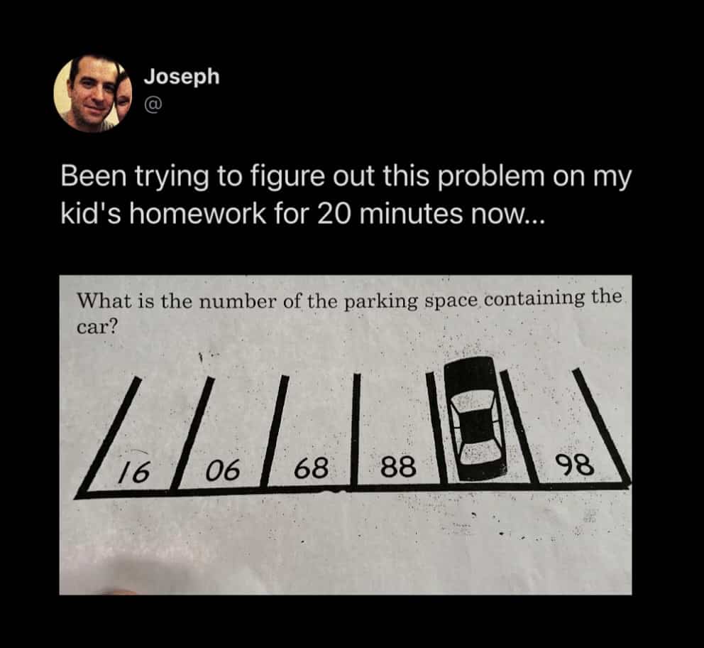 Tricky upside-down math parking spot puzzle from elementary school homework assigned to kids funny memes.
