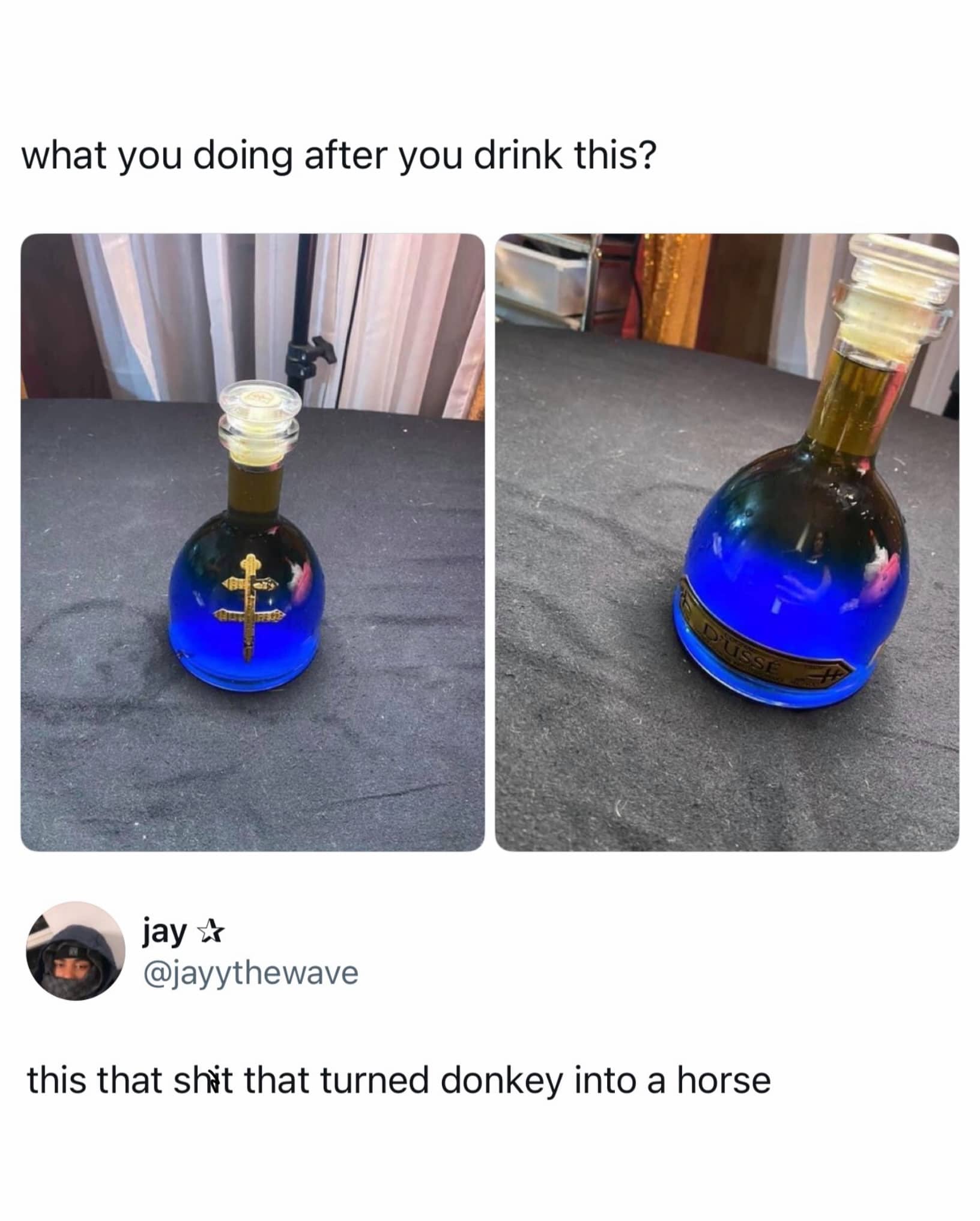 Funny meme showing blue liquor bottle with joke about turning donkey into horse.