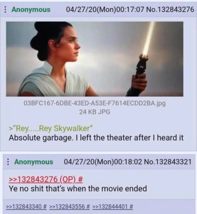 Forum post meme arguing about Star Wars movie ending scene where Rey states her surname.