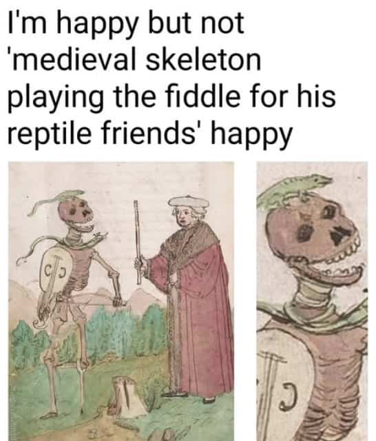 Medieval artwork of a cheerful skeleton playing a violin with a lizard on its head funny memes.