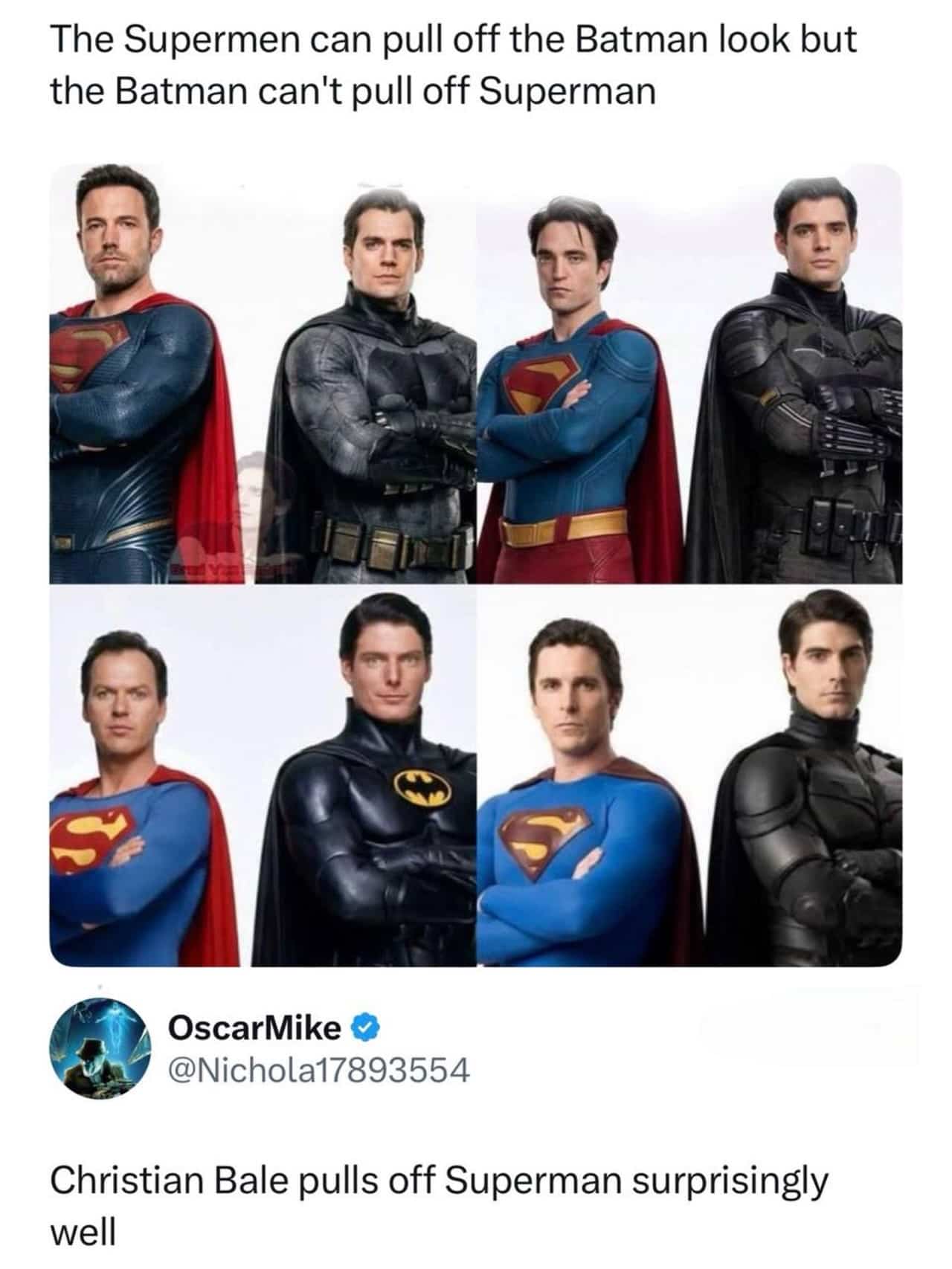 Funny movie meme showing superhero actors swapped into Batman and Superman suits side by side.