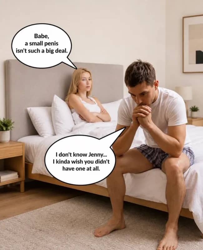 Couple sitting on bed discussing relationship issues with humorous unexpected speech bubble twist meme.