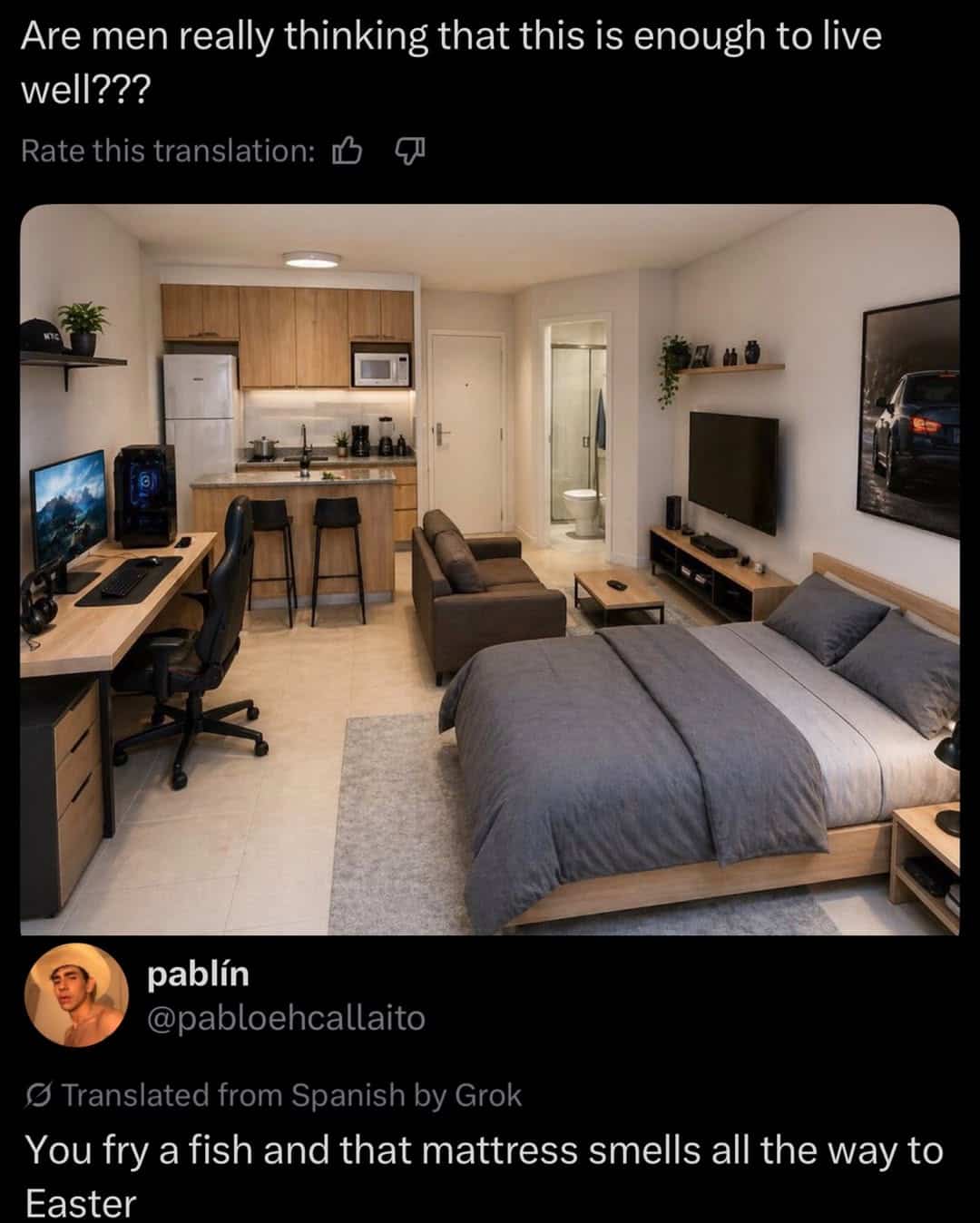 Modern studio apartment interior with humorous Spanish reply translation about cooking fish near the bed funny memes.