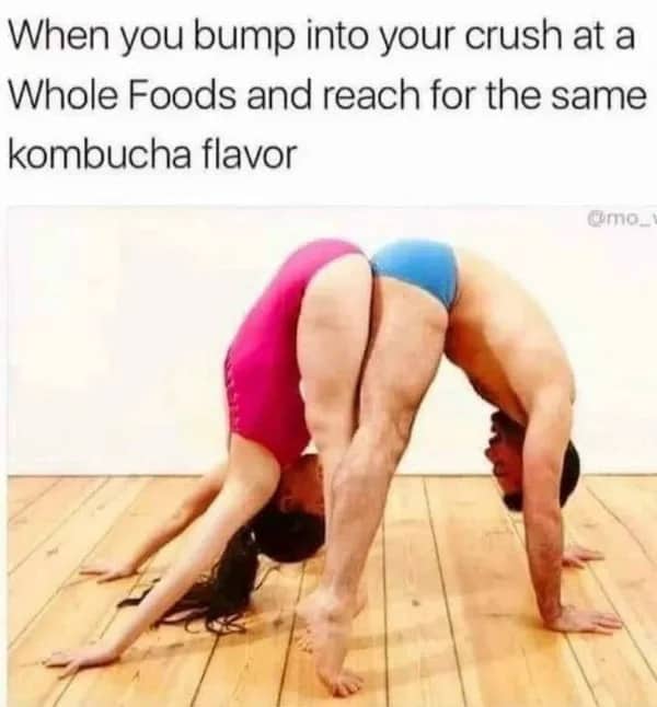 Two people performing acrobatic pose meme joking about reaching for kombucha with a crush.