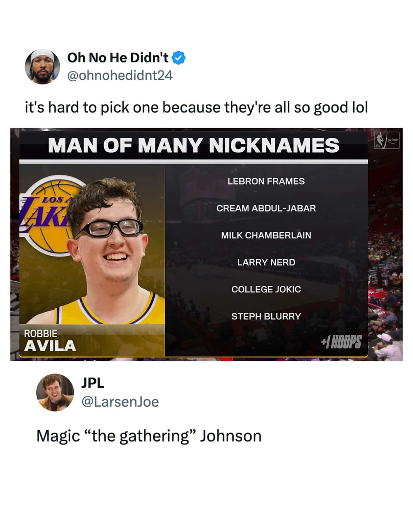 Basketball player Robbie Avila with list of funny nicknames like Magic The Gathering Johnson memes.