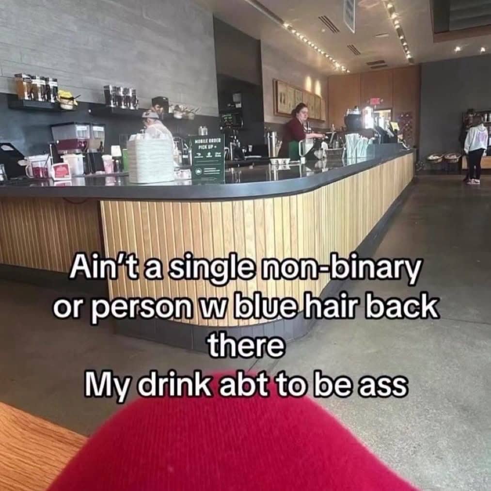 Funny coffee shop meme image showing counter area with text about barista stereotypes.