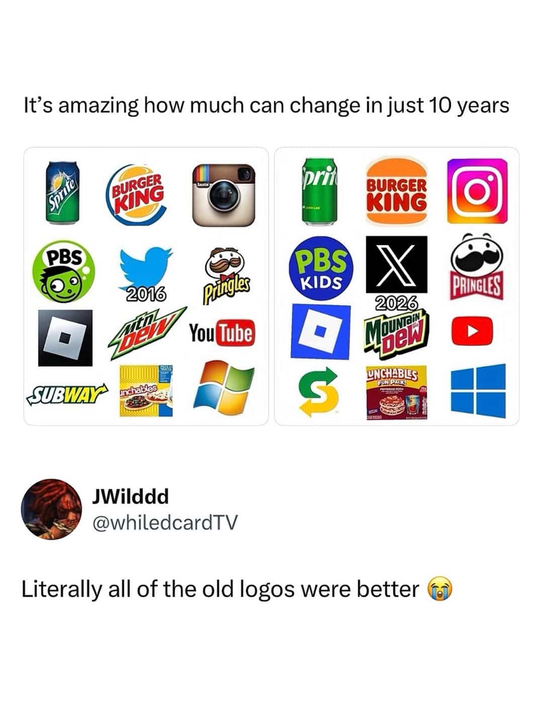 Visual comparison grid showing changes in popular brand logos between 2016 and 2026 funny memes.