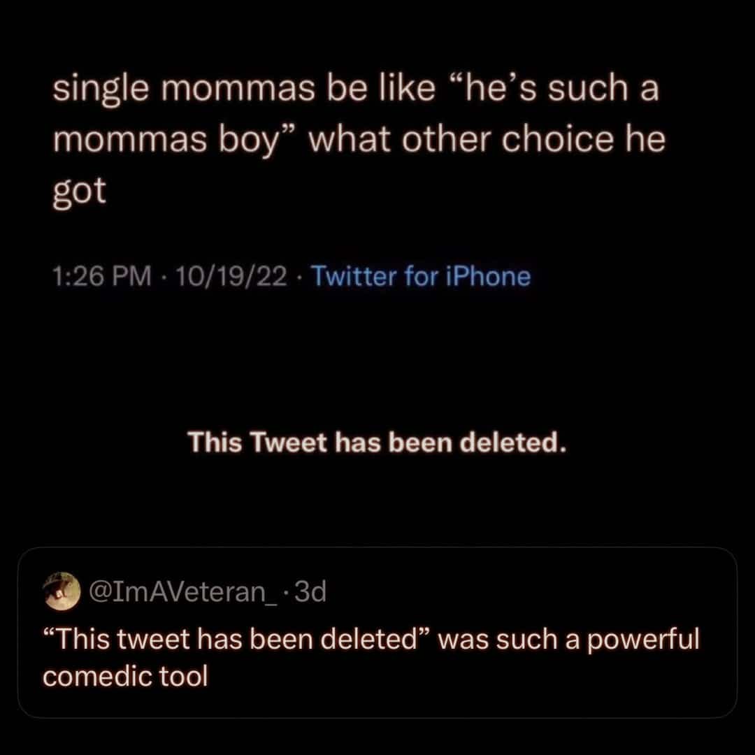 Relatable Twitter meme showing a deleted tweet used as a hilarious comedic punchline.