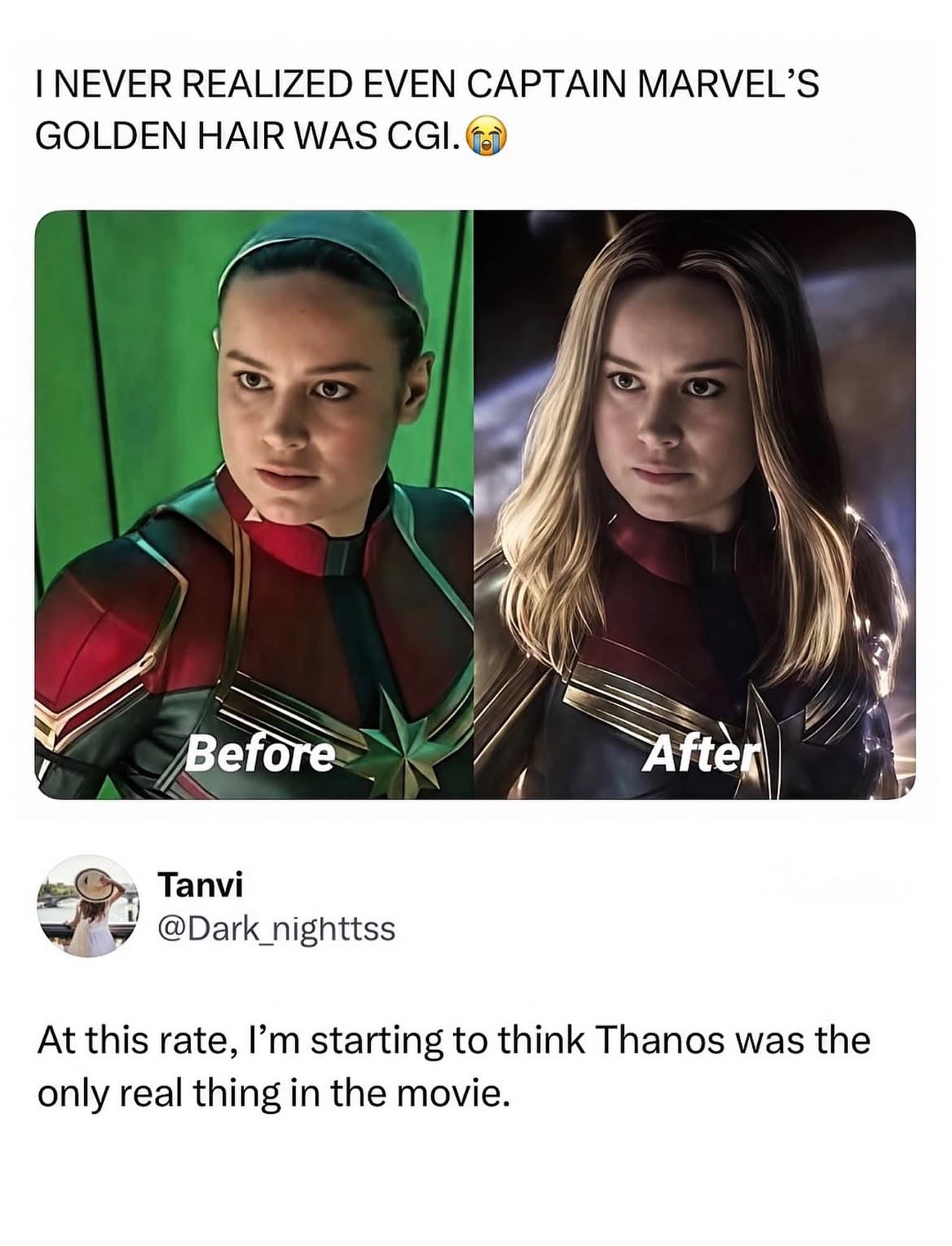 Comparison showing Captain Marvel CGI hair before and after visual effects funny meme.