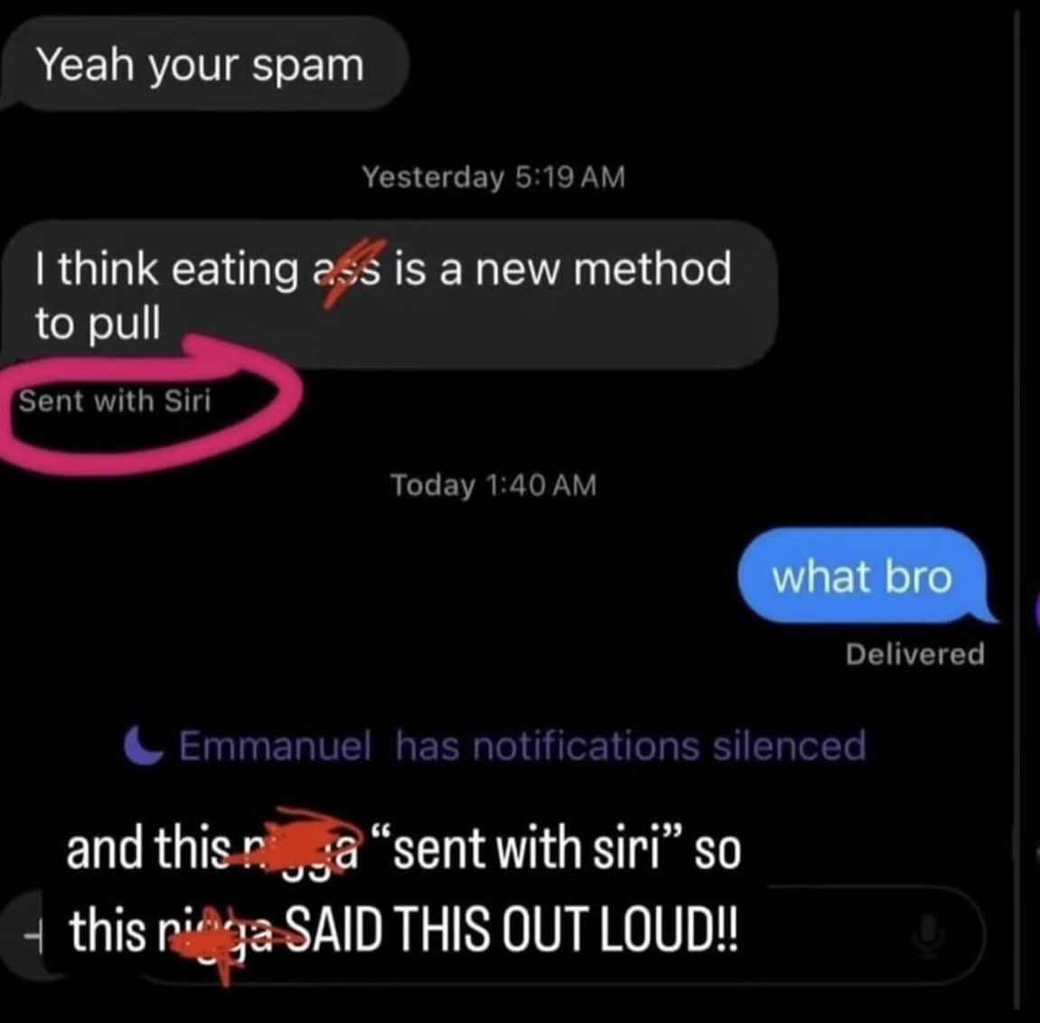Text screenshot joke highlighting embarrassing message sent out loud using voice assistant Siri.