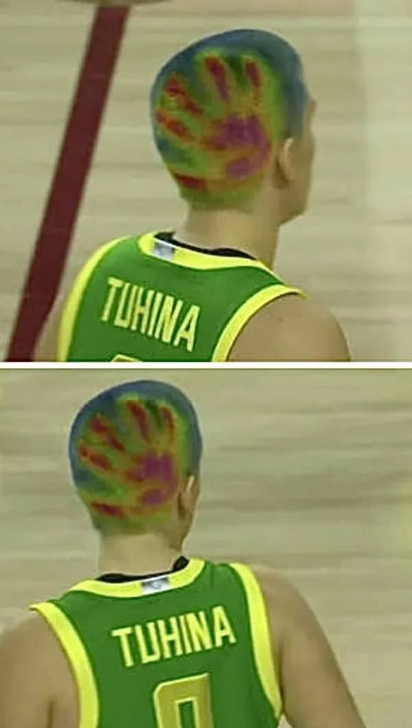 Basketball player wearing green jersey with a colorful handprint dye design on short hair, funny memes.