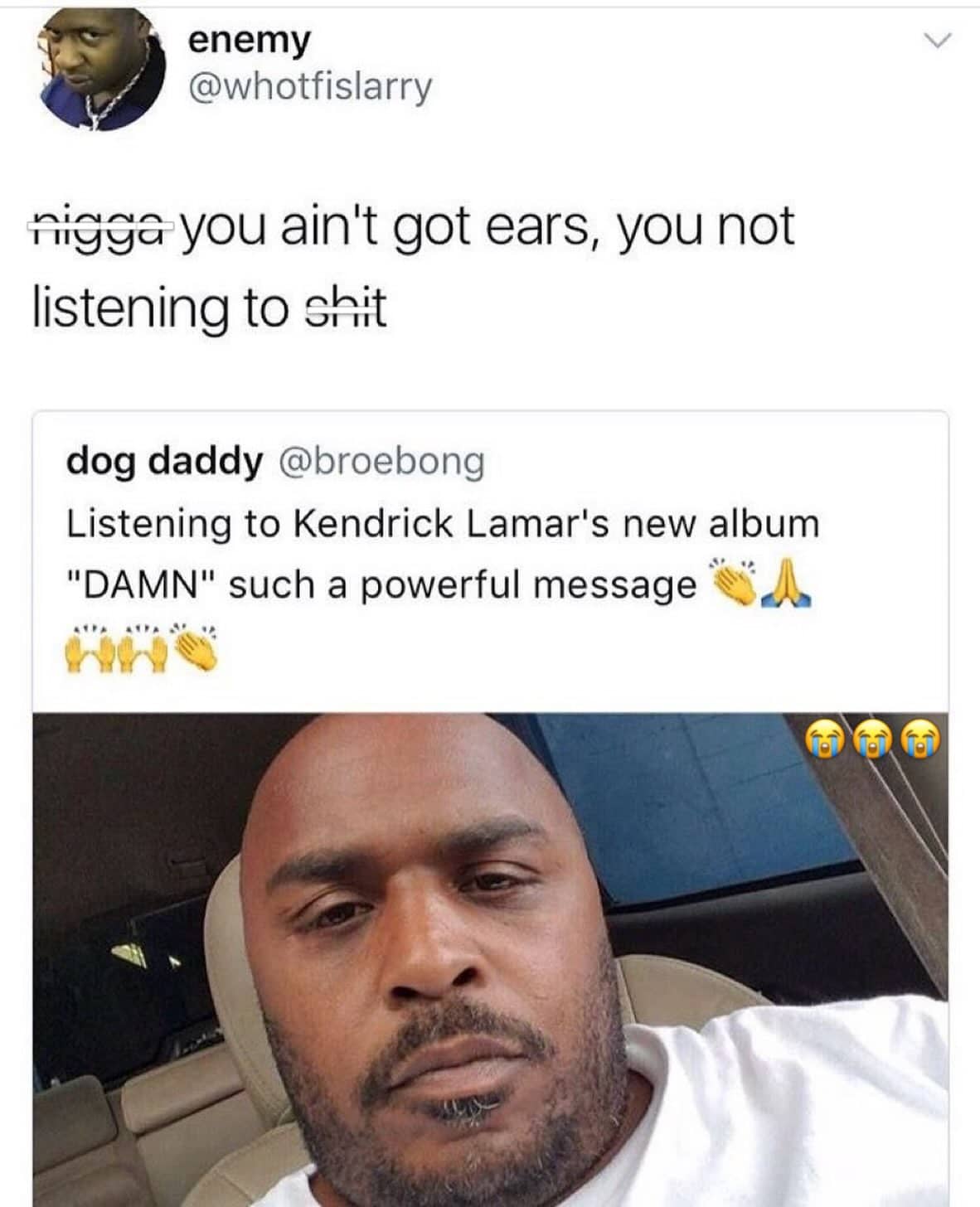 Social media meme commenting on selfie of man without ears listening to music.