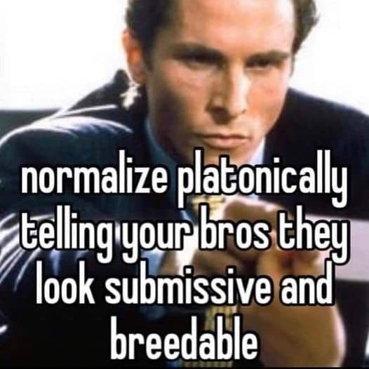 Christian Bale American Psycho meme with humorous text about platonically complimenting your male friends.