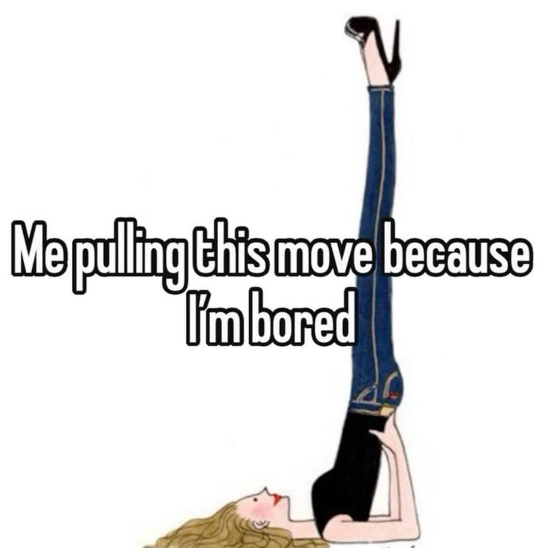 Illustration of woman resting upside down in shoulder stand pose out of boredom meme.
