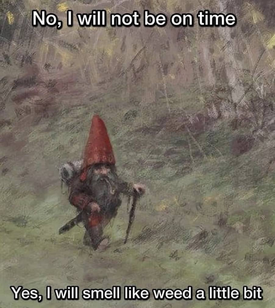 Relatable funny fantasy meme of a forest gnome walking with a pipe and staff funny memes.