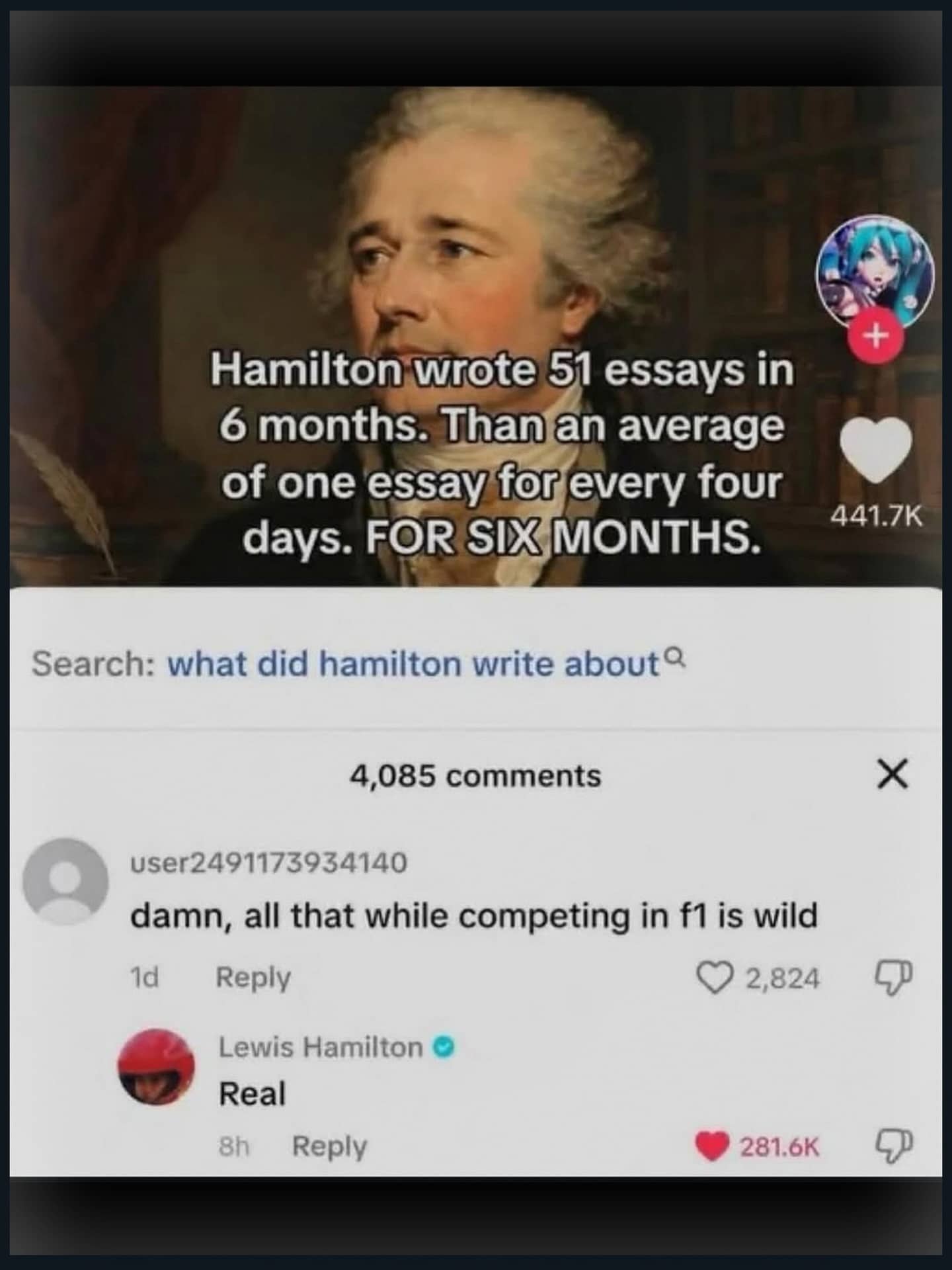 Commenter confusing Alexander Hamilton with Formula 1 driver Lewis Hamilton funny meme text screenshot.