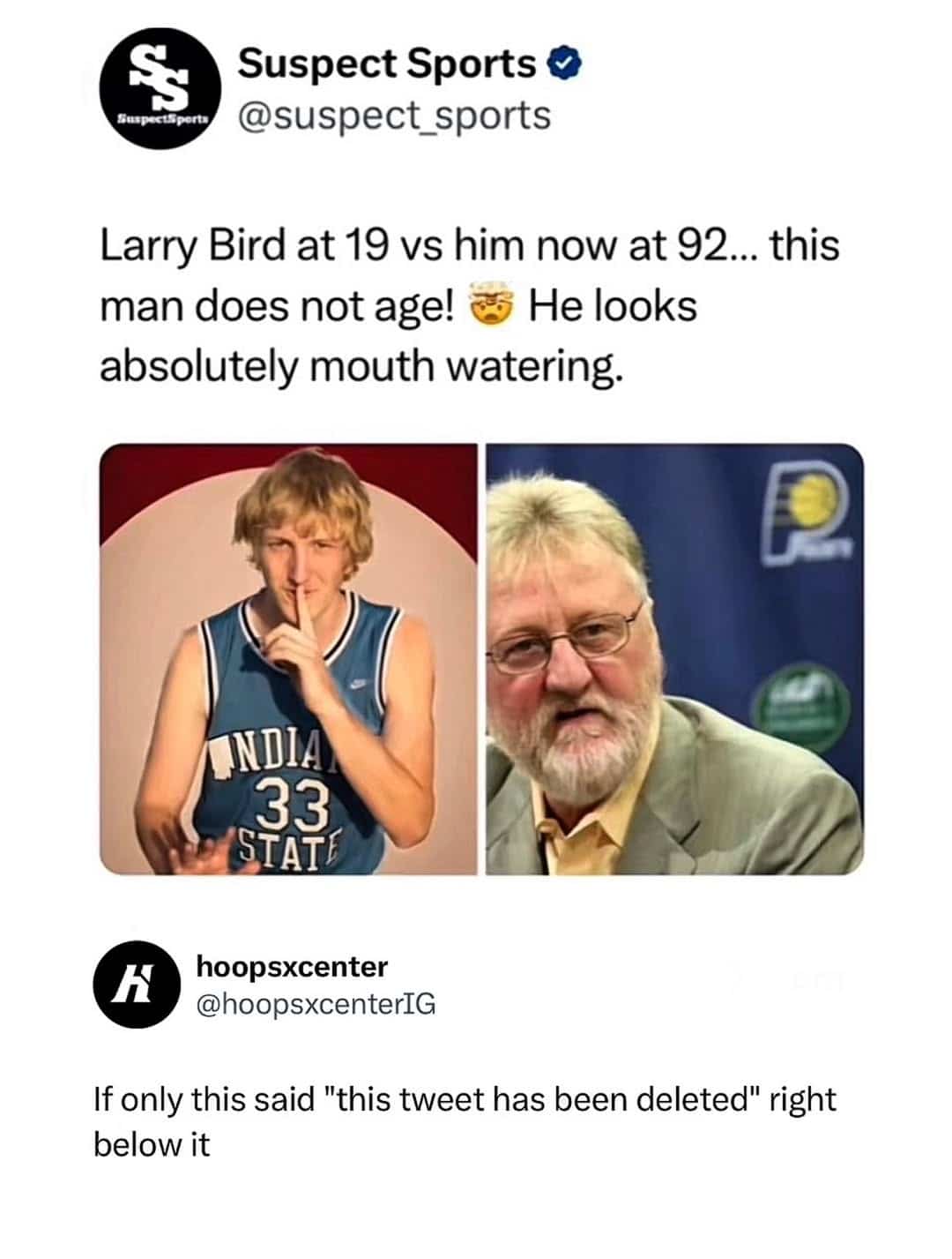 Funny sports meme highlighting a cringey tweet about Larry Bird and a witty reply.