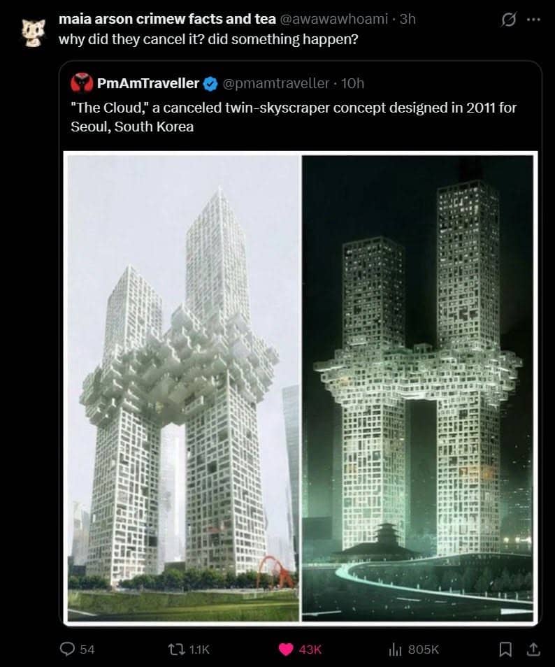 Meme featuring a canceled cloud twin skyscraper architecture concept in Seoul South Korea.