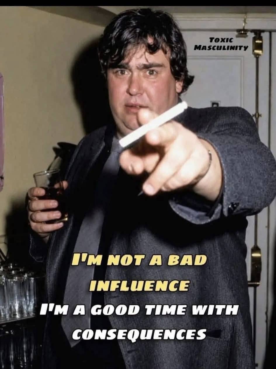 Actor John Candy pointing cigarette with quote good time with consequences funny meme.