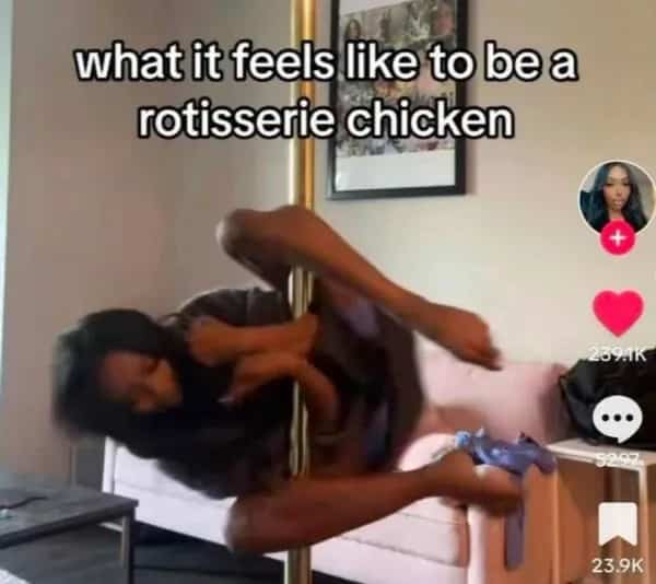 Hilarious video screenshot meme of person spinning upside down on a pole with text.