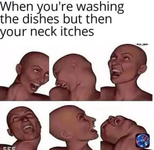 Contorted 3D faces making funny expressions showing awkward neck scratching while washing dishes.