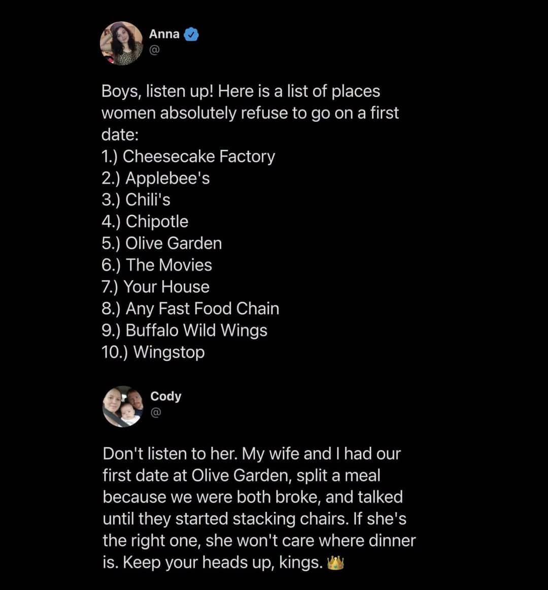 Twitter post debate meme about acceptable first date restaurant locations like Olive Garden and Chipotle.
