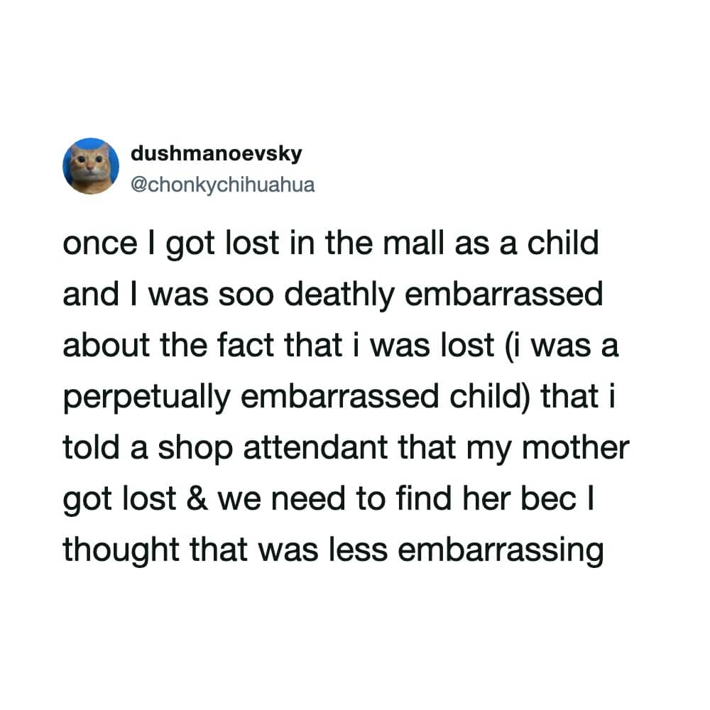Funny text post describing a childhood story about telling a clerk their mom was lost, funny memes.