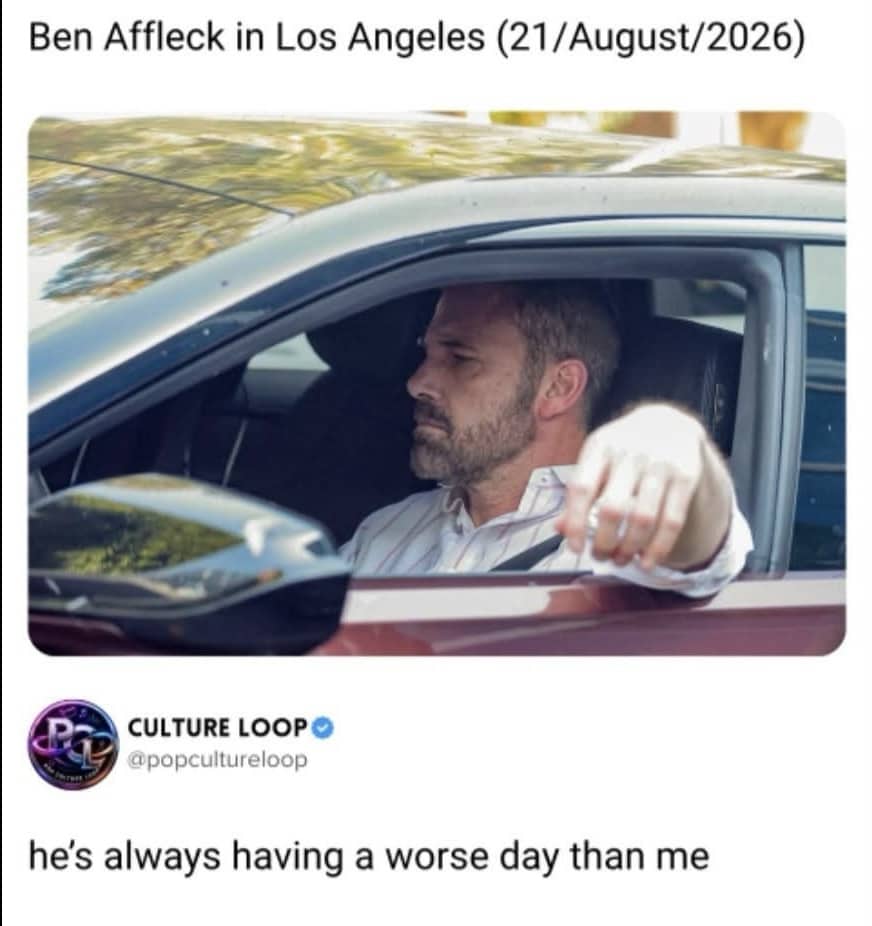 Paparazzi photo of actor Ben Affleck driving car with relatable stressed face expression meme.