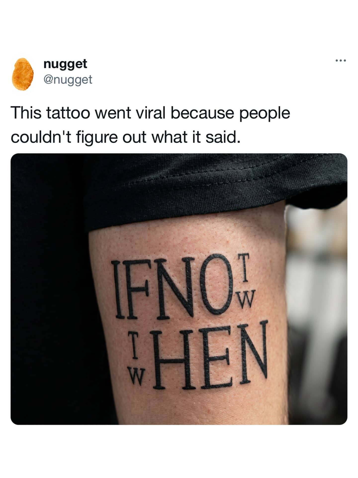 Viral confusing tattoo meme with misaligned lettering spelling out a phrase on an arm funny memes.