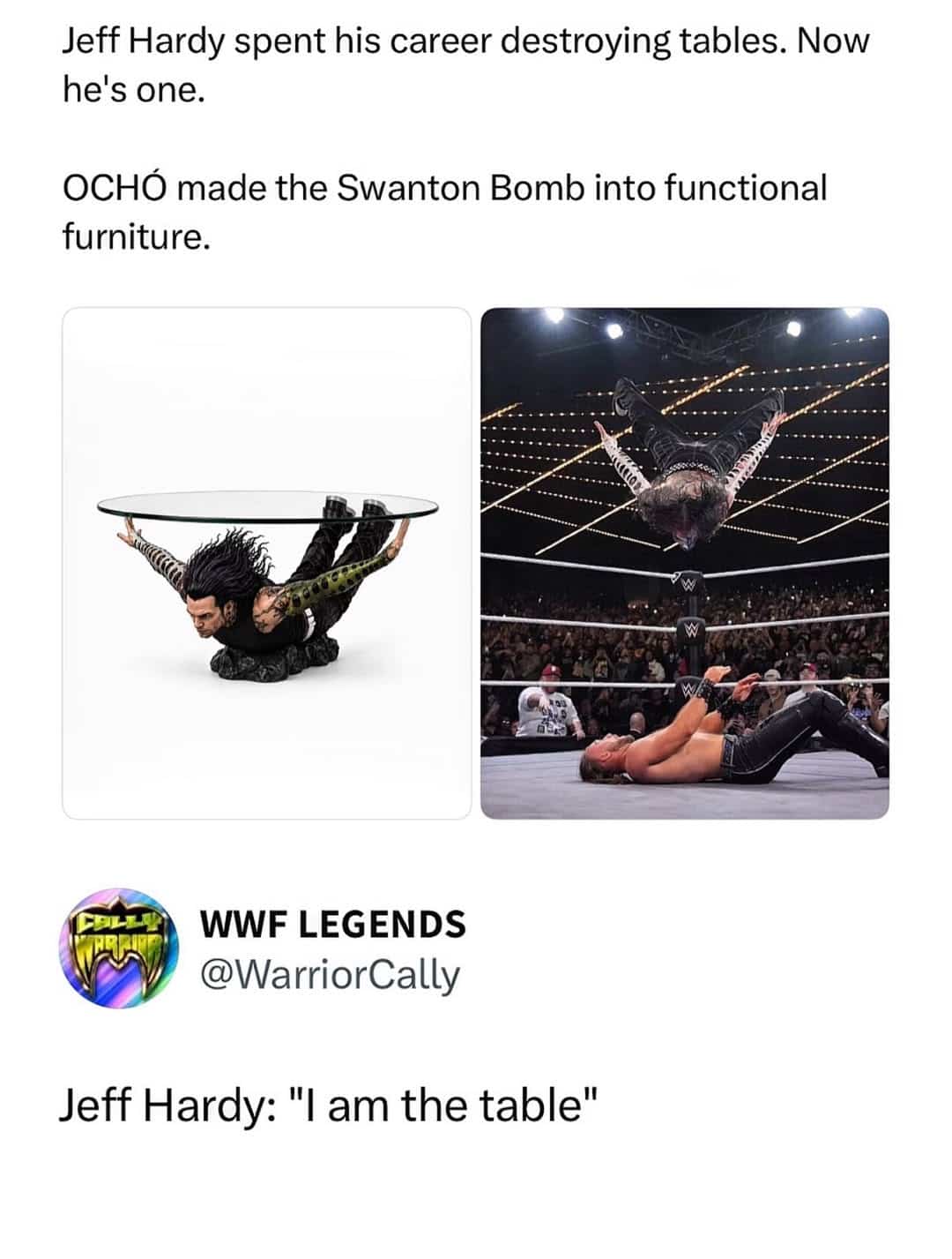 Wrestling meme showing Jeff Hardy performing a Swanton Bomb recreated as a coffee table.