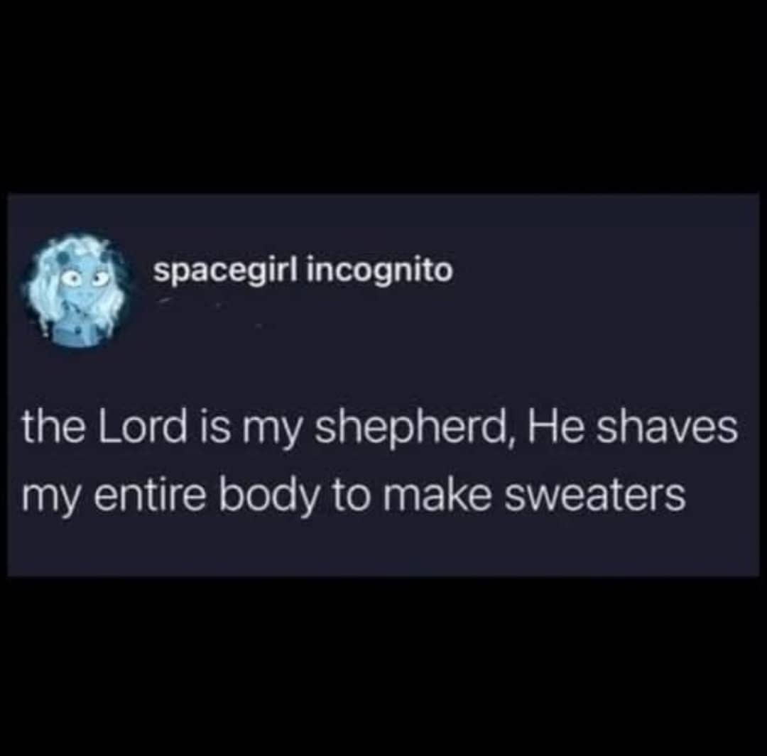 Funny social text post quote joking about God shaving humans like sheep for sweaters.