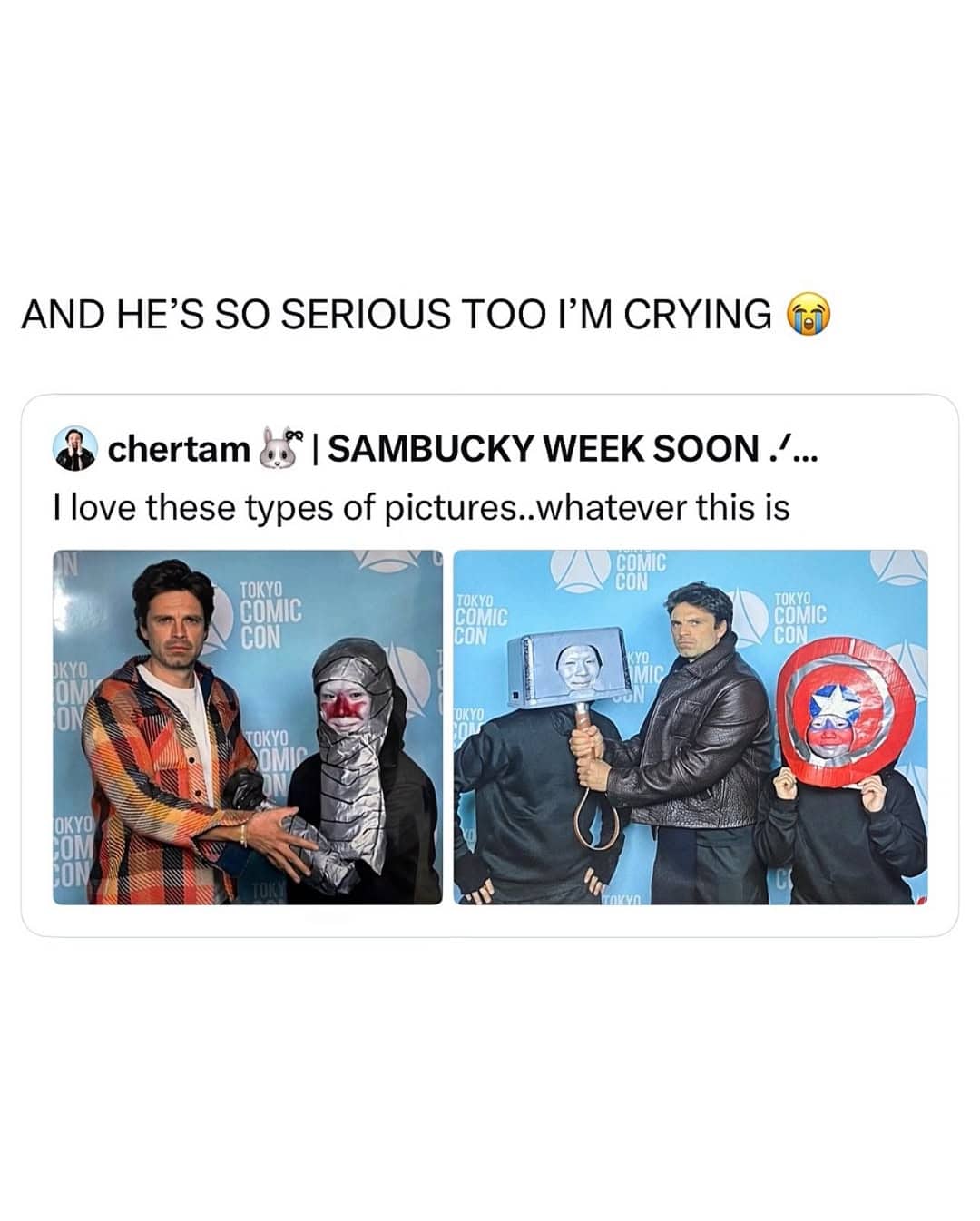Actor Sebastian Stan posing with fans wearing budget homemade superhero costumes at Tokyo Comic Con.