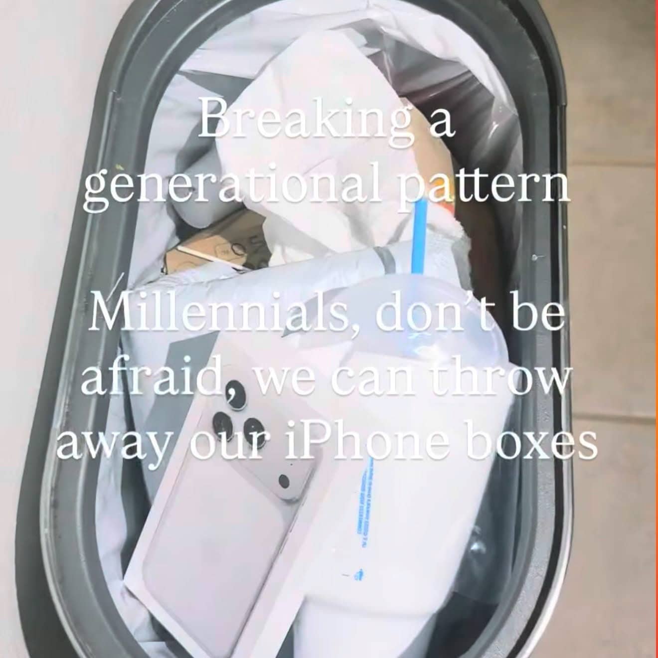 Relatable funny meme featuring a trash can containing discarded Apple iPhone product packaging.