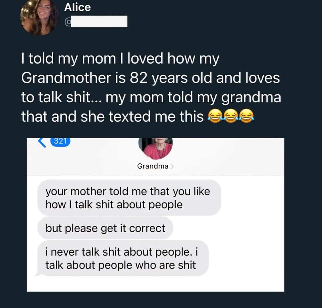 Funny text message meme showing an eighty-two year old grandmother defining her savage style.