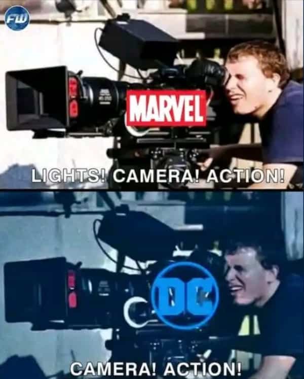Side-by-side meme comparing Marvel camera lighting with dark cinematic lighting style of DC.