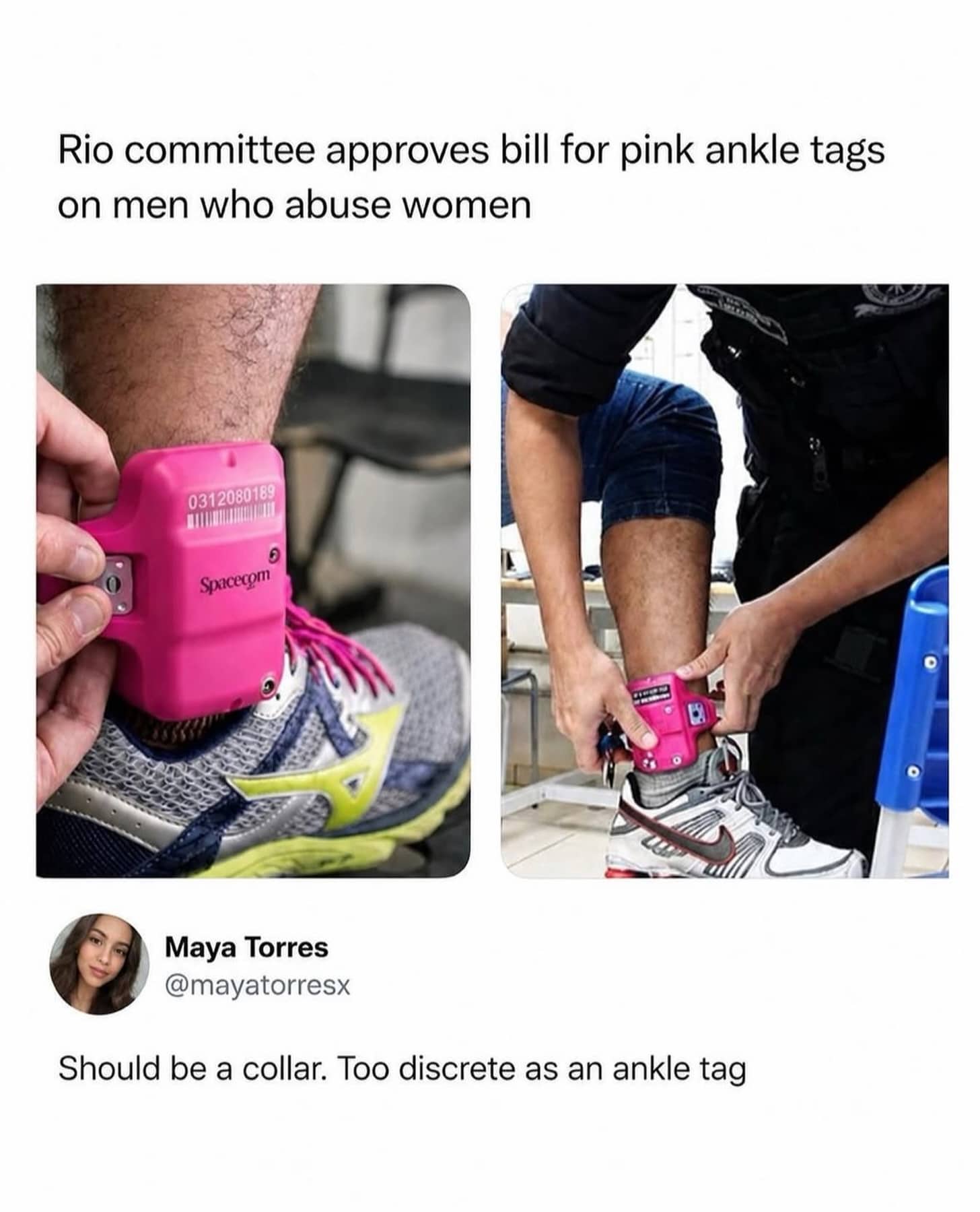 News screenshot meme about pink ankle monitors with a sarcastic comment suggesting a neck collar.