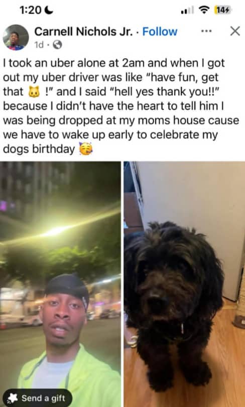 Man selfie alongside cute fluffy dog photo with funny text story about Uber ride.