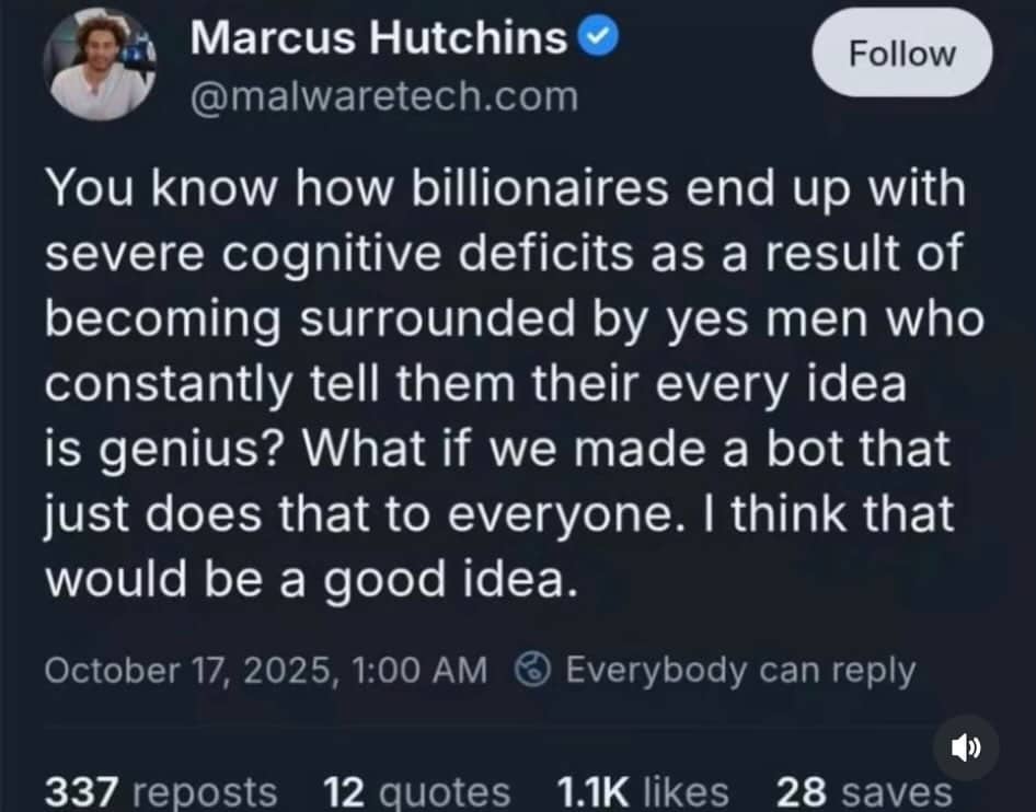 Social media post proposing an artificial intelligence bot that constantly compliments users meme.