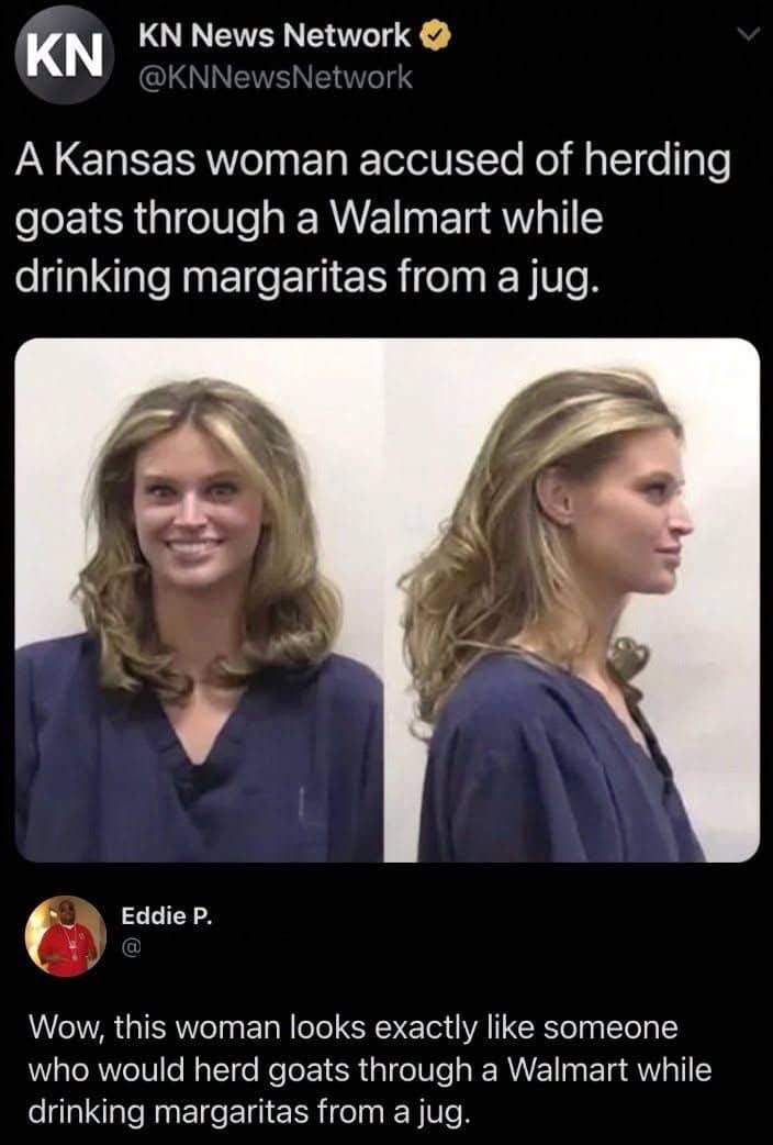 Funny viral news story mugshot meme featuring a woman accused of herding goats in Walmart funny memes.