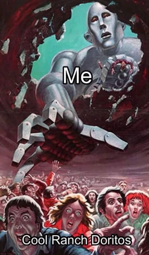 Sci-fi album art giant robot reaching aggressively toward crowds, labeled as craving Doritos snacks.
