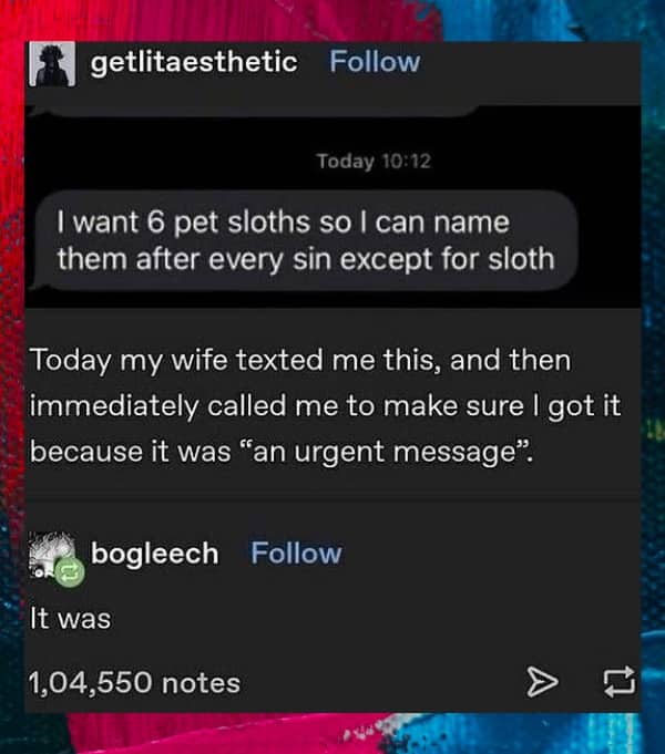 Screenshot of hilarious text message exchange proposing naming six pet sloths after seven sins.