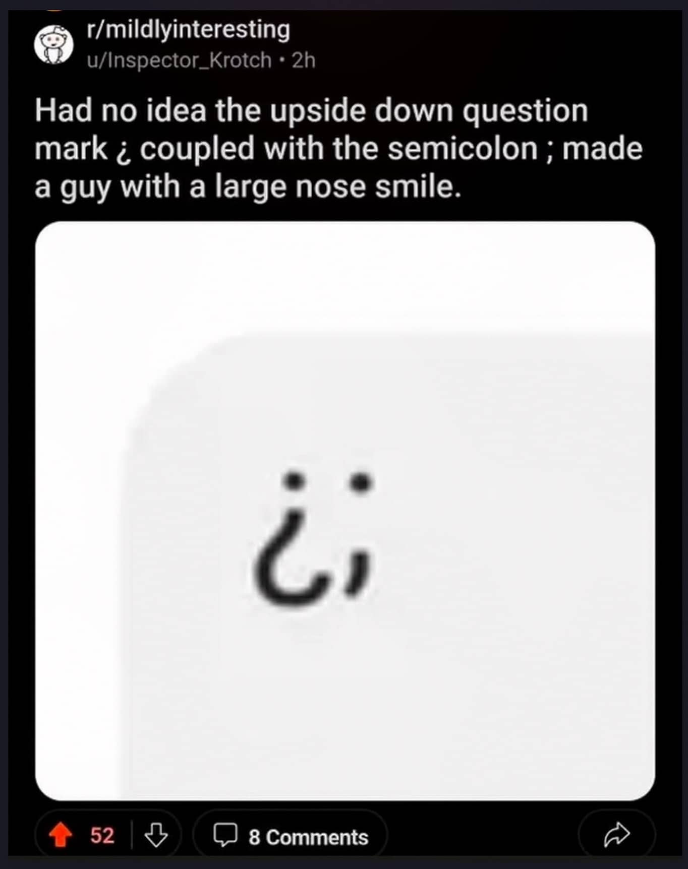 Text punctuation combining inverted question mark and semicolon to form smiling face meme.