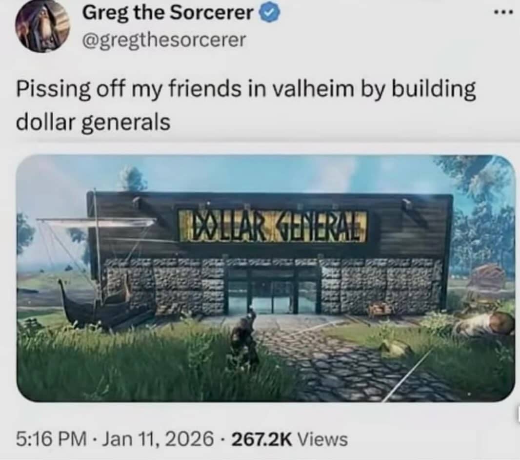 Funny Valheim video game screenshot featuring a custom-built Dollar General store front.