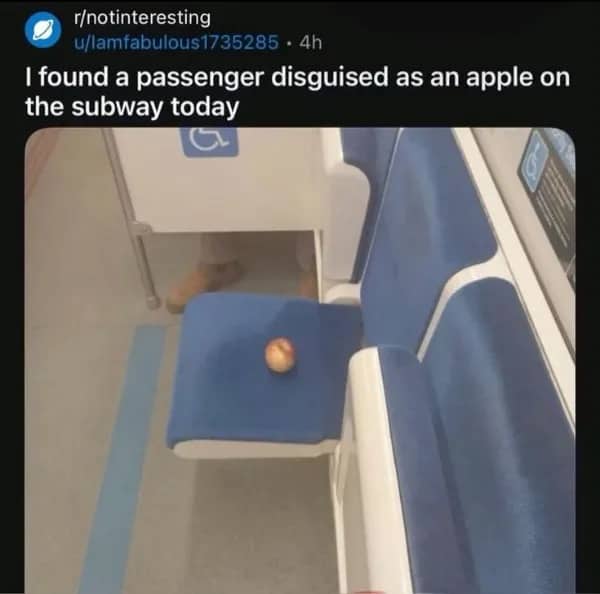 Single fresh apple sitting alone on a blue public subway train passenger seat.