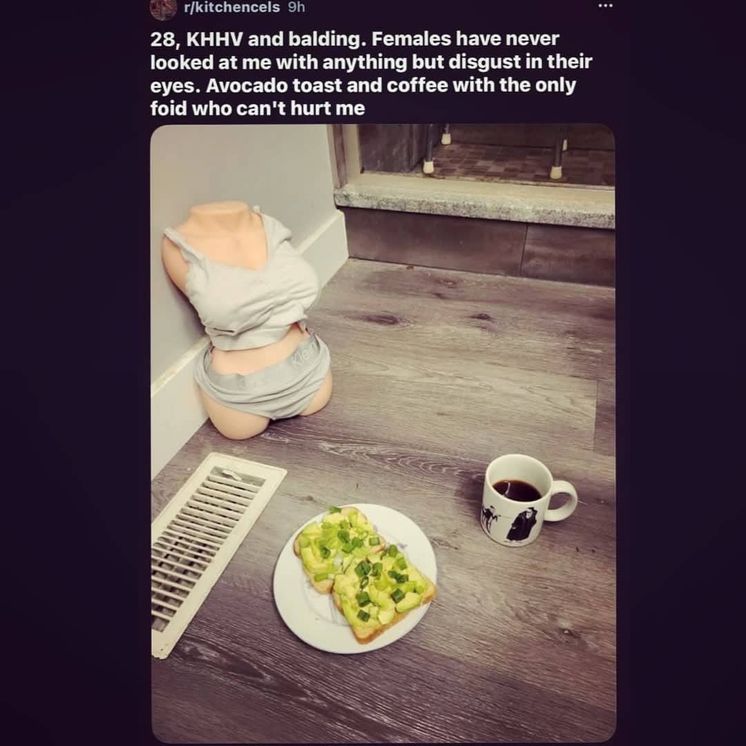 Bizarre funny meme depicting a mannequin torso, avocado toast, and coffee on a wooden floor.
