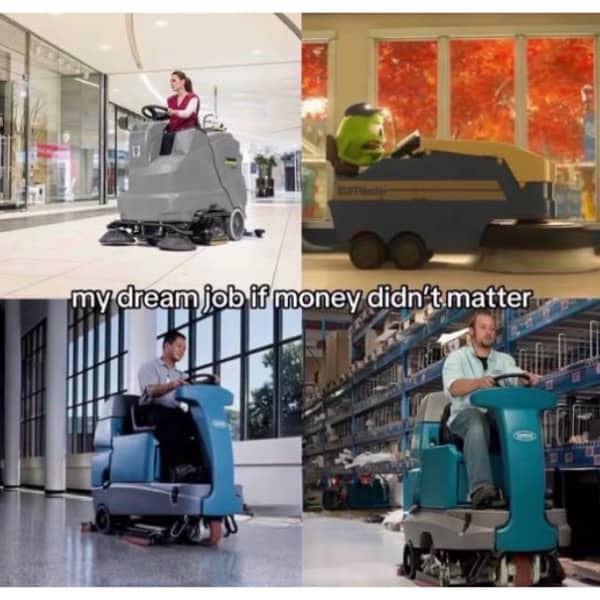 Four panel meme showcasing various people happily riding commercial floor buffer machines in public.