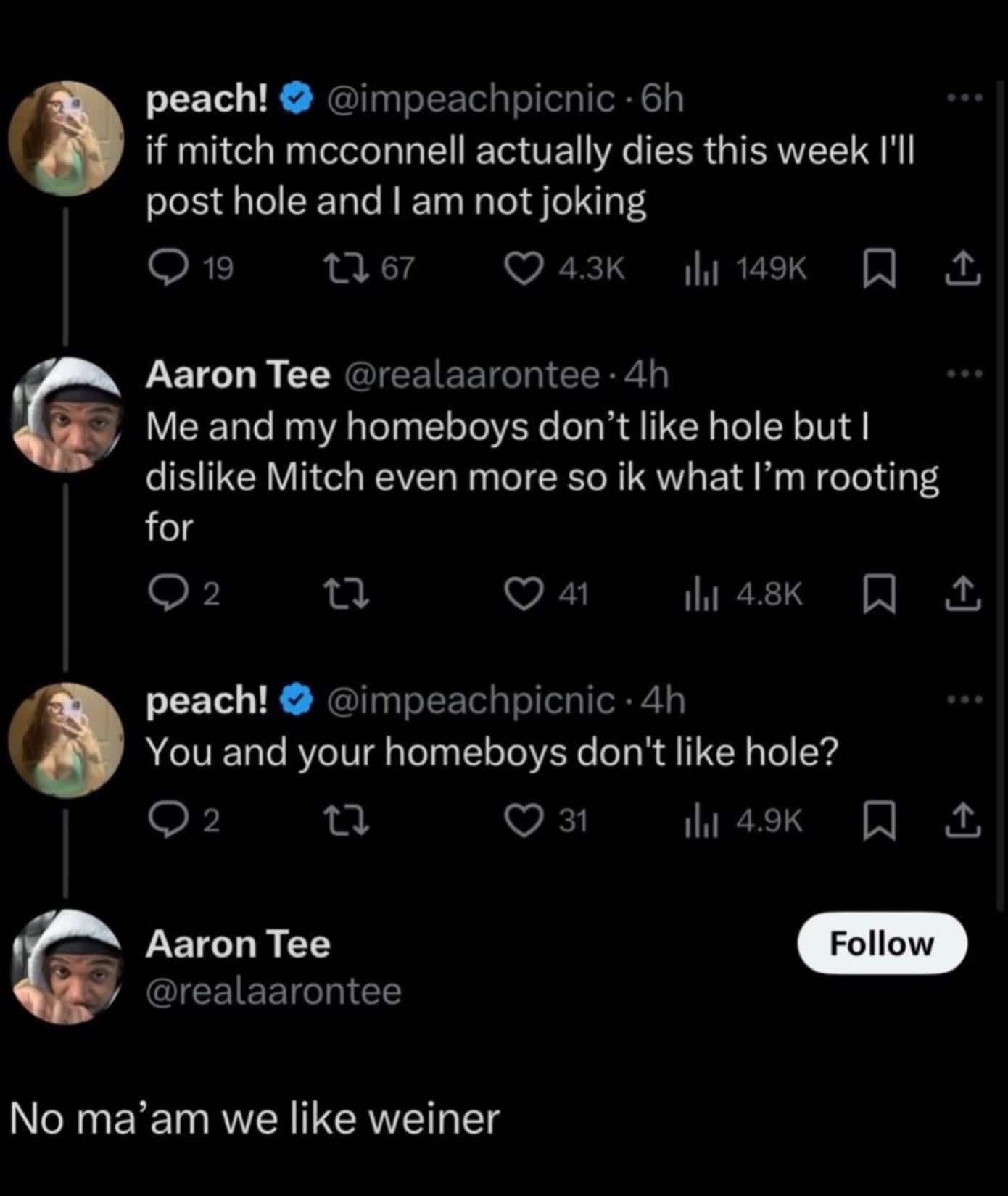Funny social media conversation thread exchanging hilarious responses to current political events online meme.